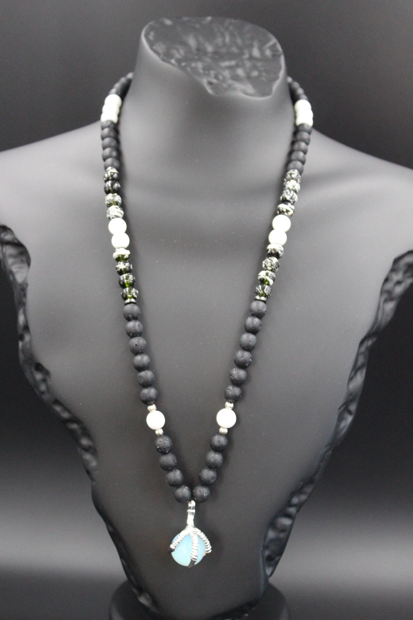 Handmade Volcanic Stone Necklace with 'Bird Claw' Pendant & Opalite – Ethnic Amulet