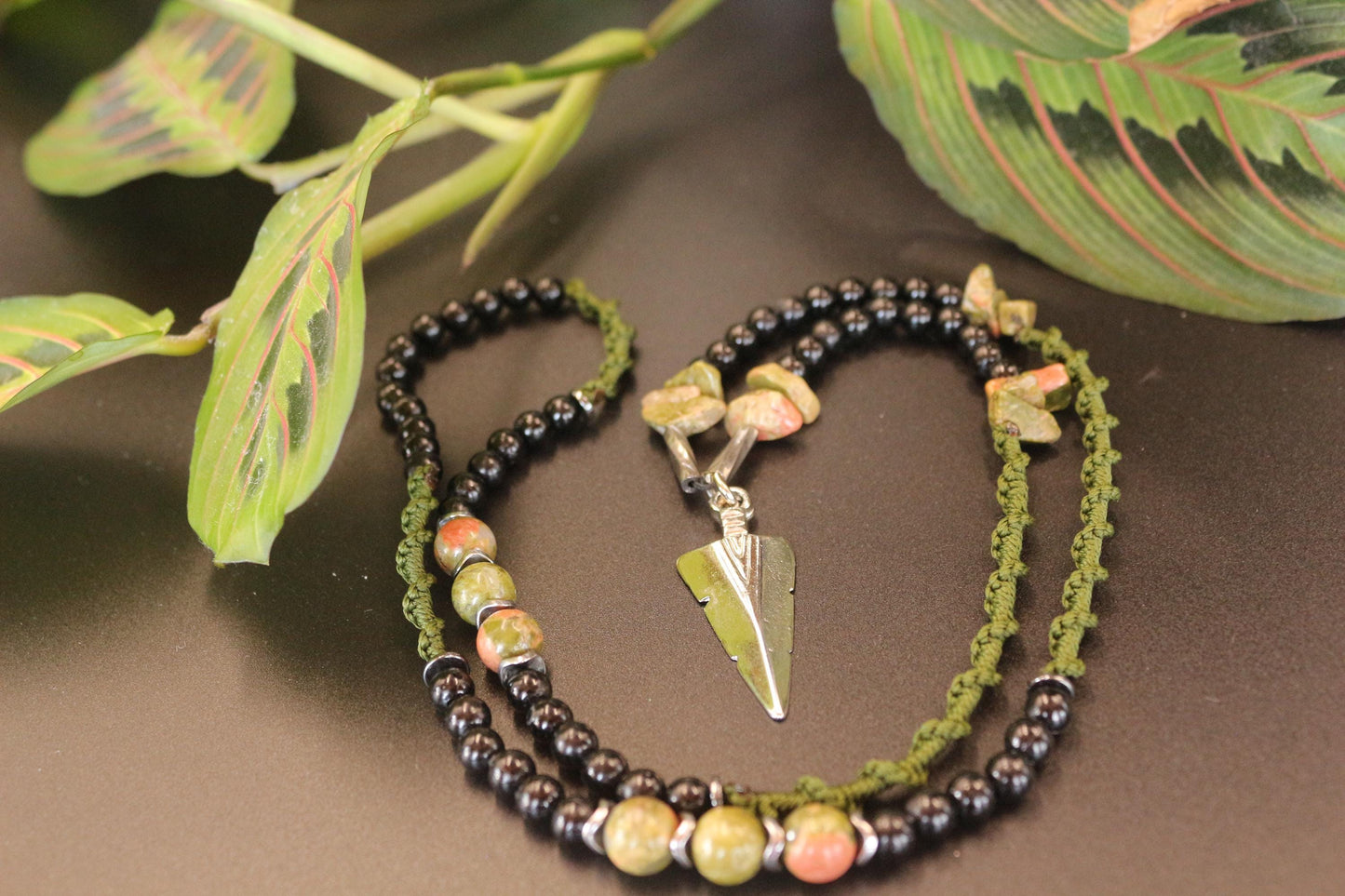 Handmade Necklace - Natural Unakite Stone and Braided Cord