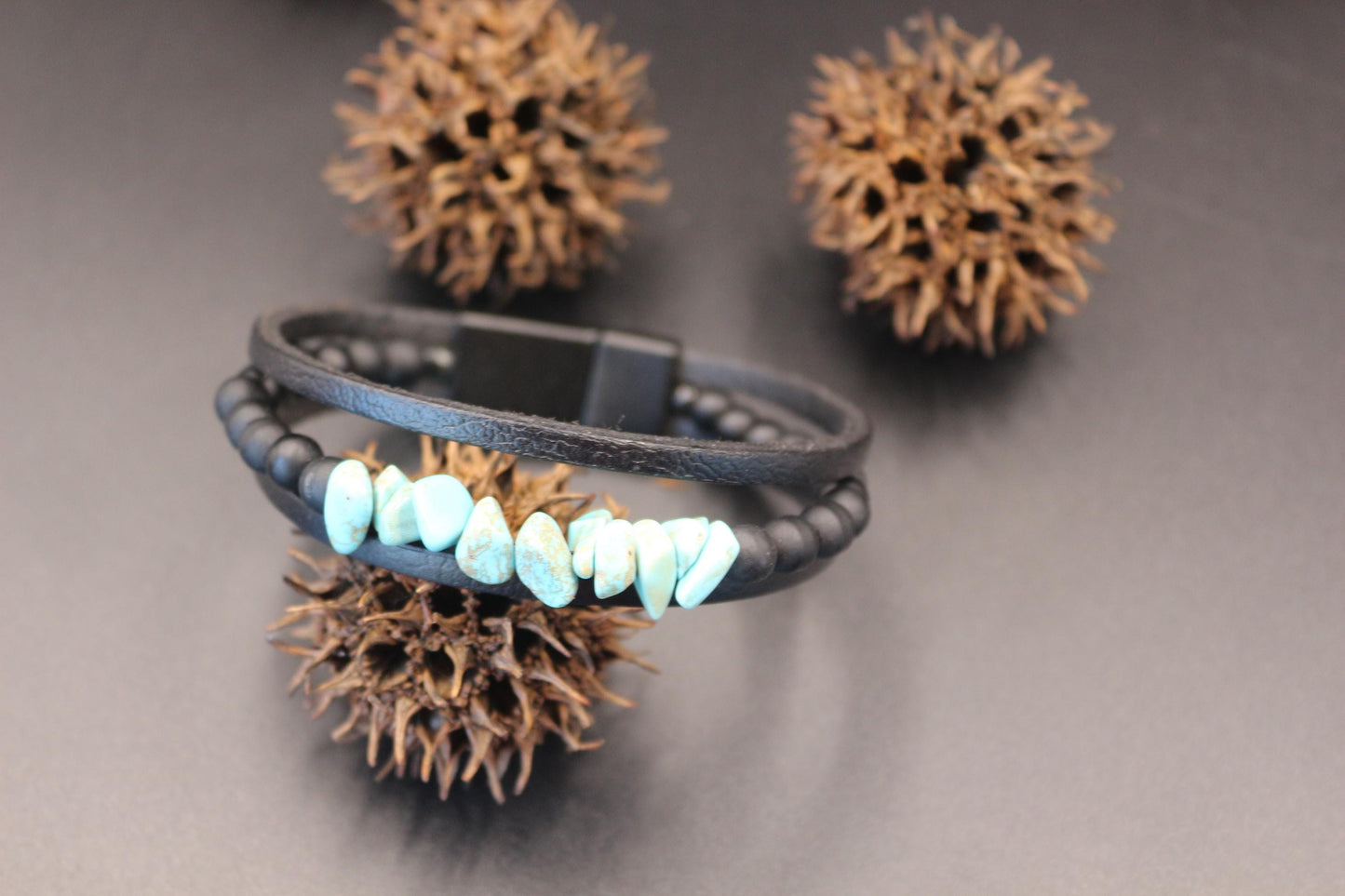 Handmade Turquoise, Onyx, and Genuine Leather Bracelet