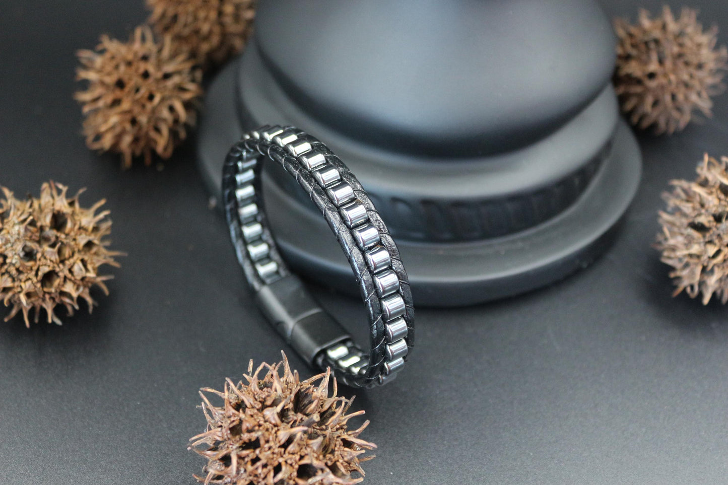 Hematite and Genuine Leather - "Strength and Style" Bracelet