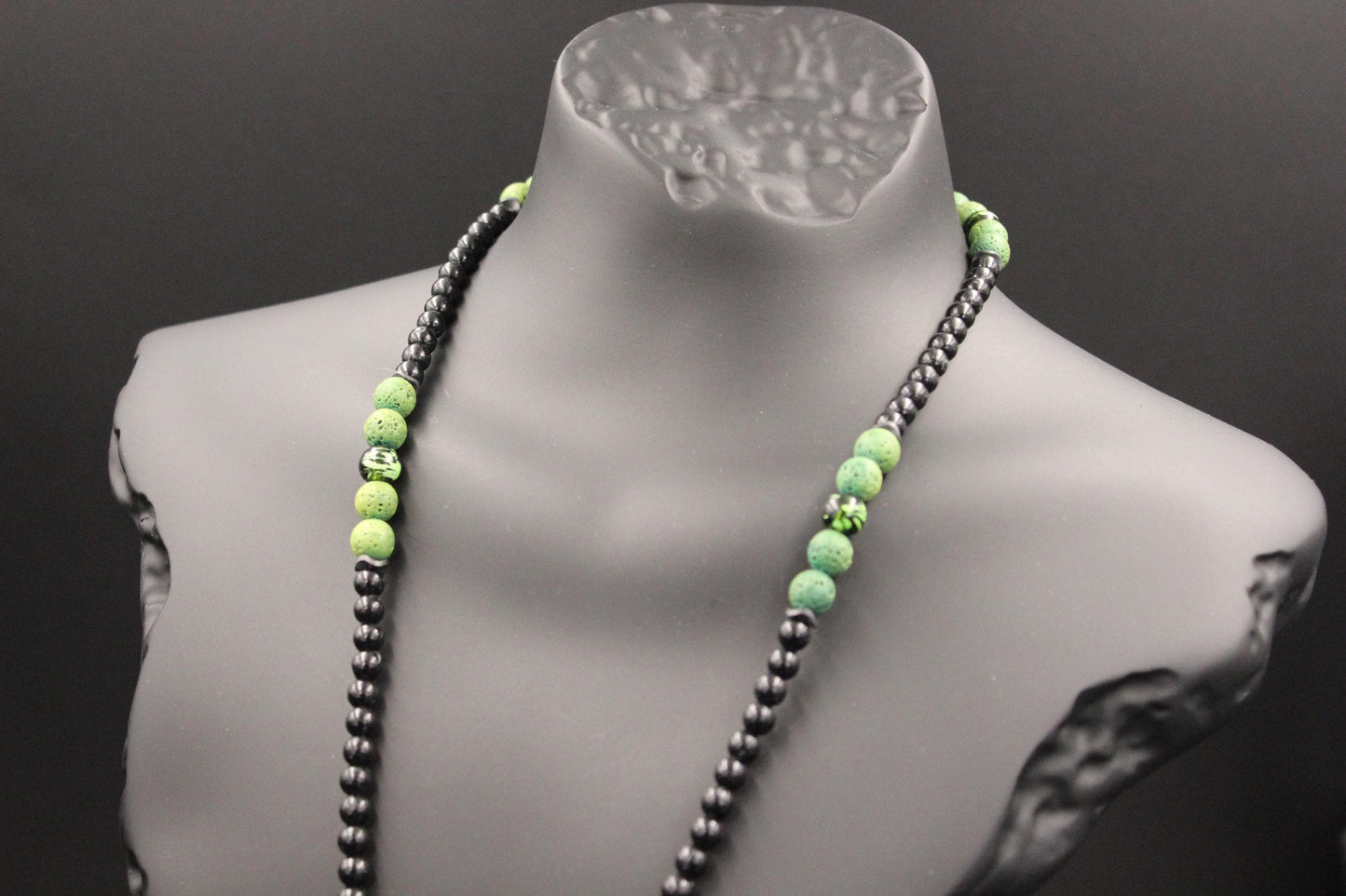 Handmade Unisex Necklace with Green Agate and Volcanic Stone
