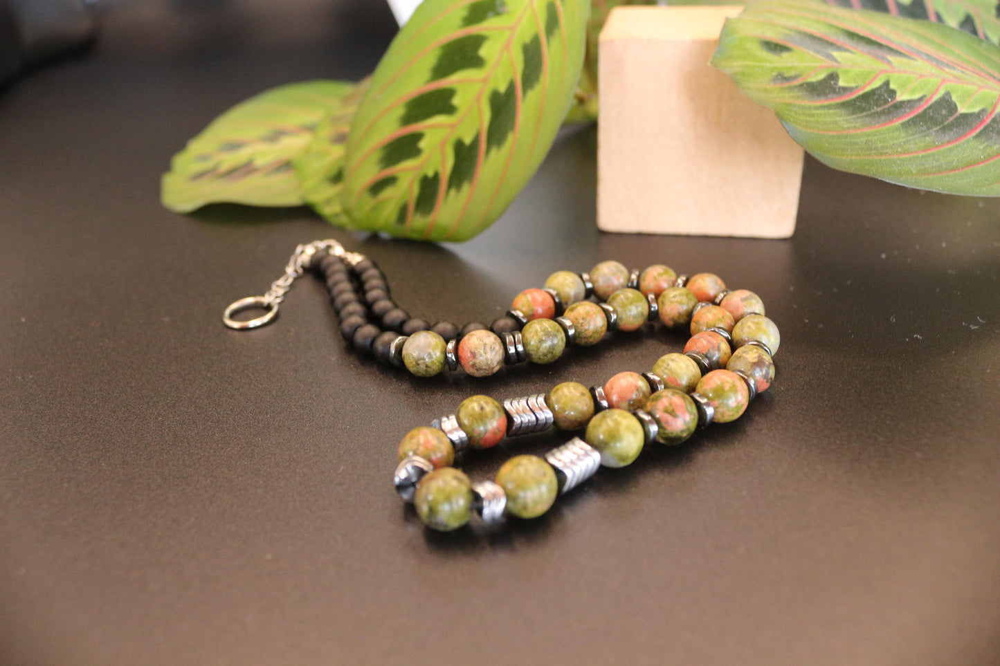 Unakite, Hematite, and Black Onyx Necklace, Unique Handmade Necklace