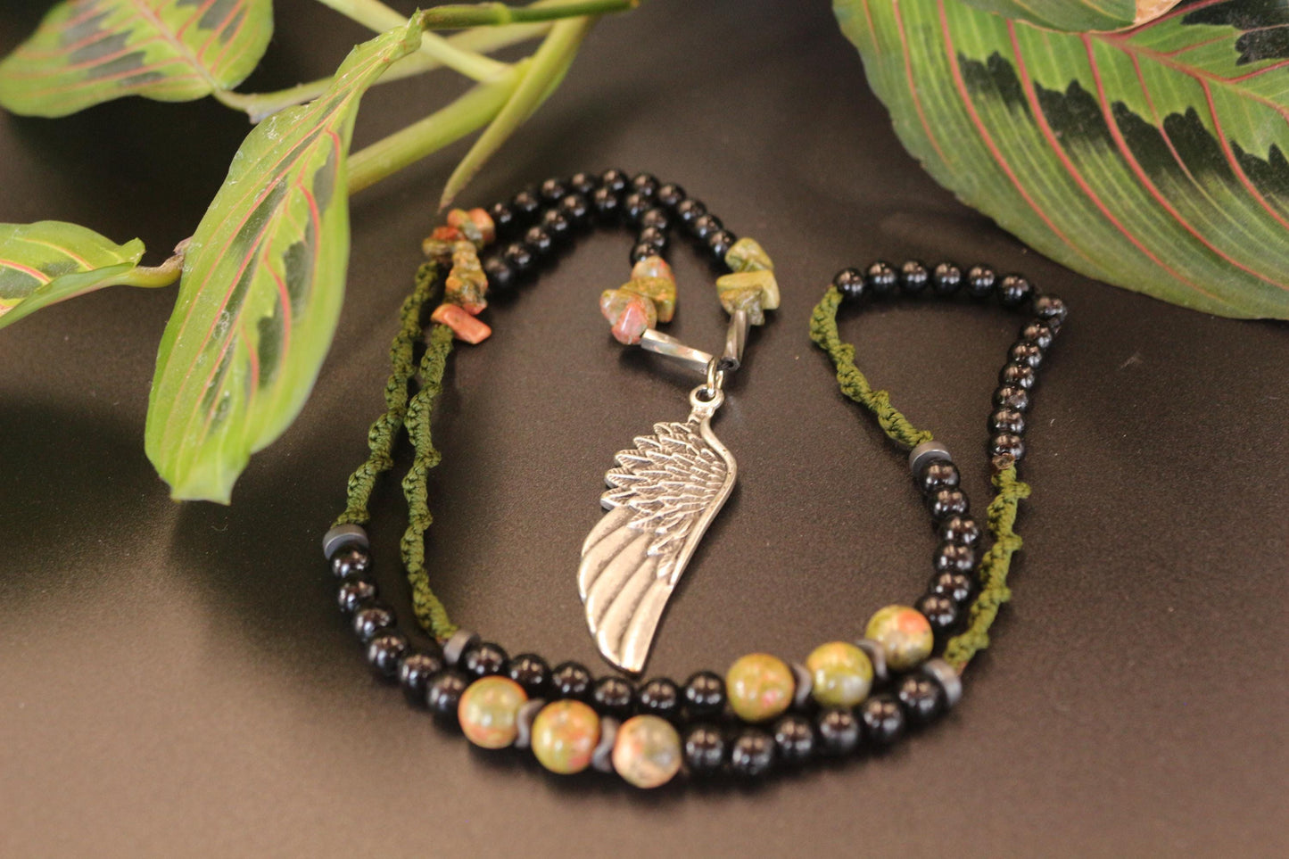 Unakite and Braided Cord Necklace - Handmade, Unique Design