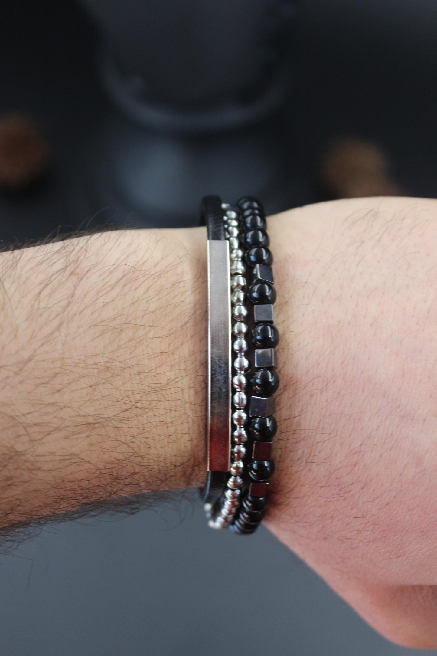 Handmade with Hematite, Black Onyx, Leather, and Metal