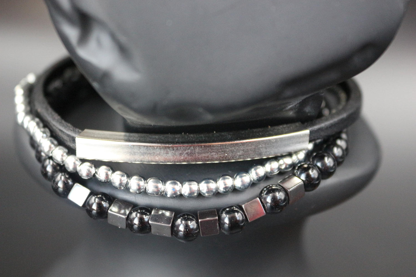Handmade with Hematite, Black Onyx, Leather, and Metal