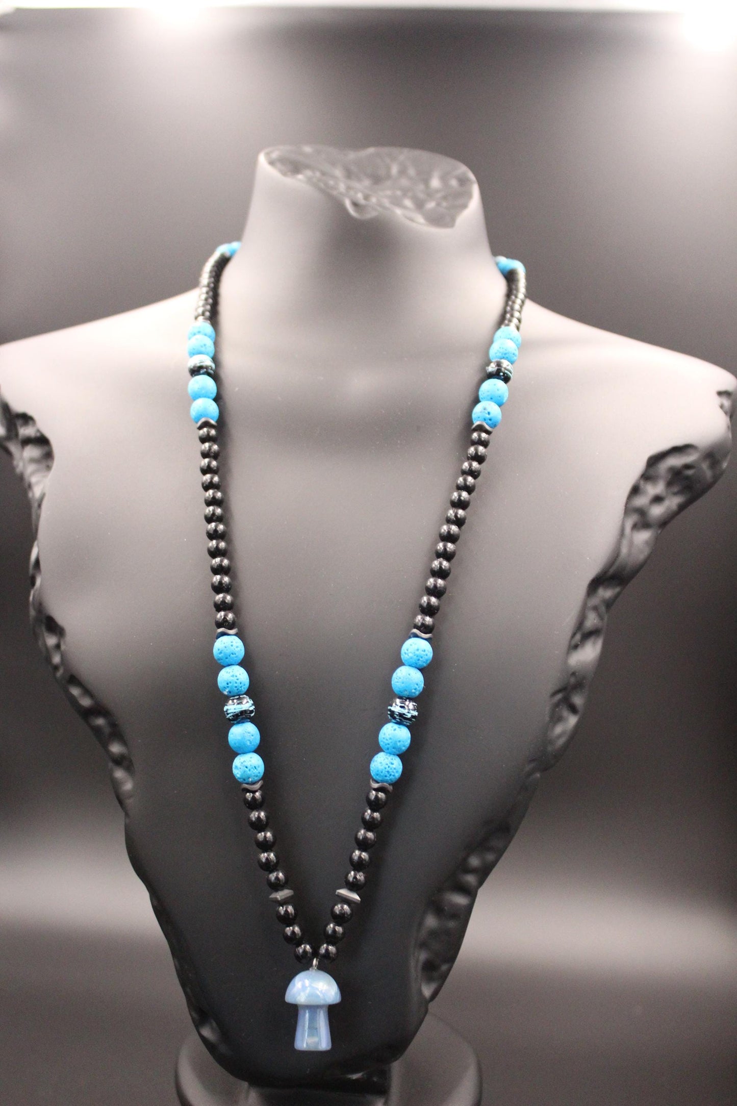 Handmade Blue Agate Mushroom Necklace: Volcanic Stone Beaded Pendant