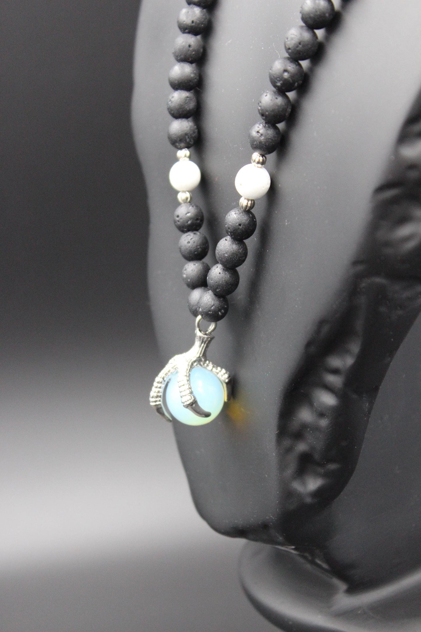 Handmade Volcanic Stone Necklace with 'Bird Claw' Pendant & Opalite – Ethnic Amulet