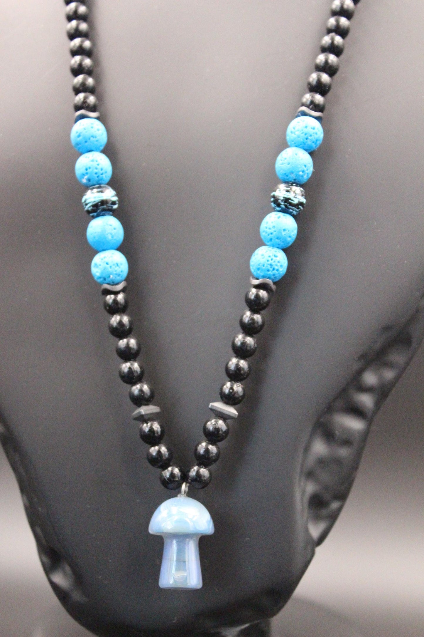 Handmade Blue Agate Mushroom Necklace: Volcanic Stone Beaded Pendant