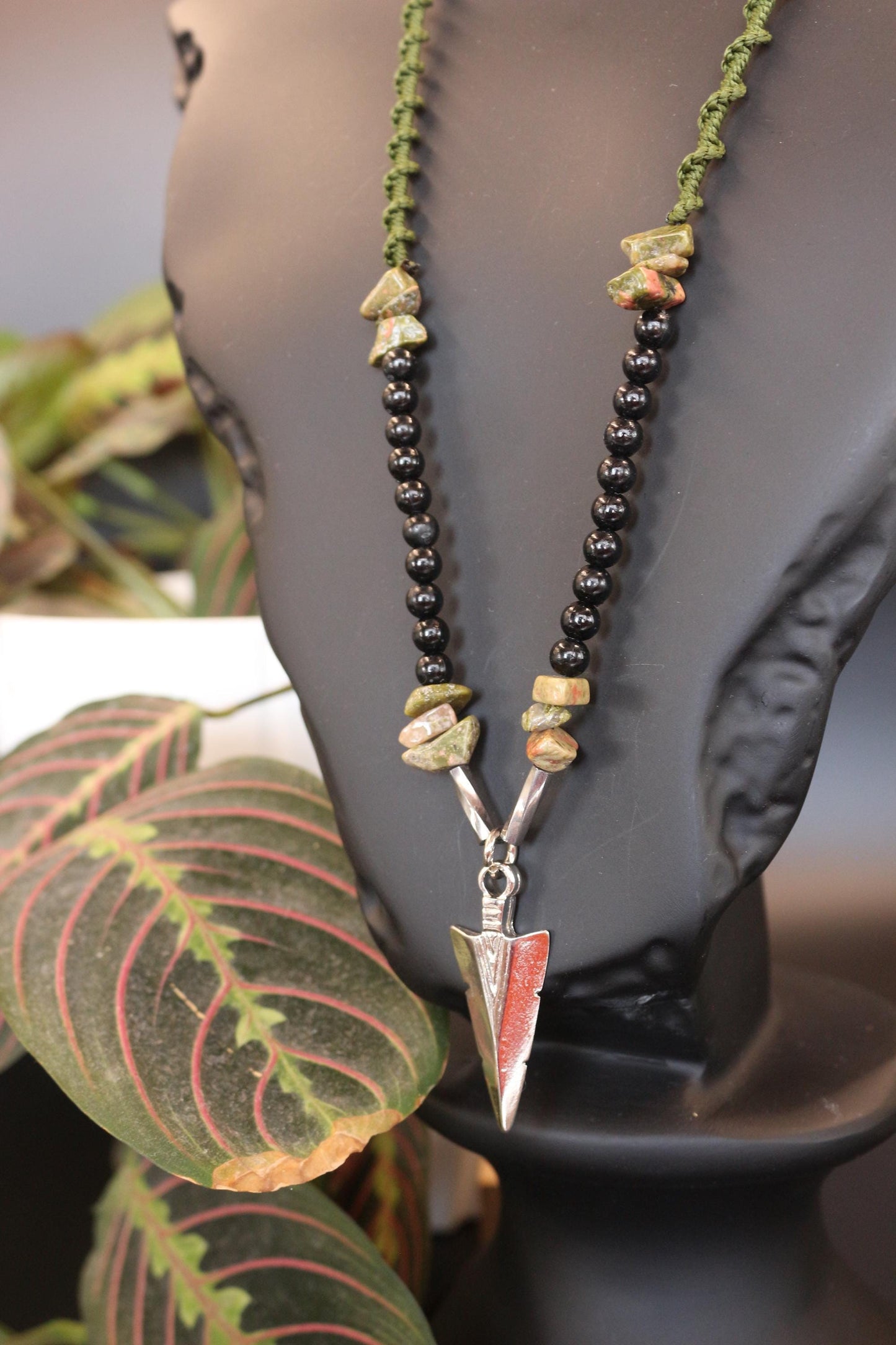 Handmade Necklace - Natural Unakite Stone and Braided Cord