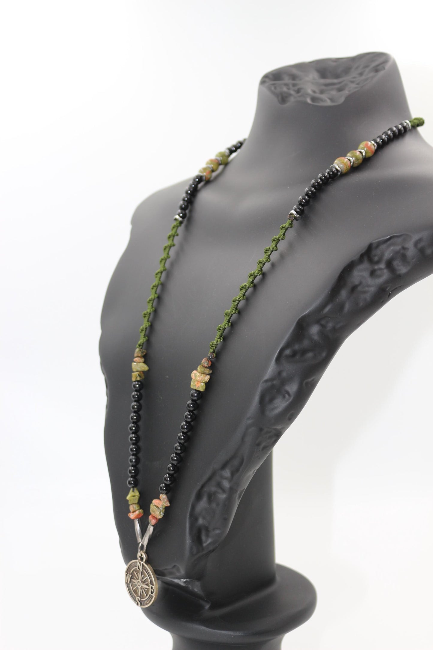 Handmade Unakite Hematite Necklace: Braided Cord Compass Pendant