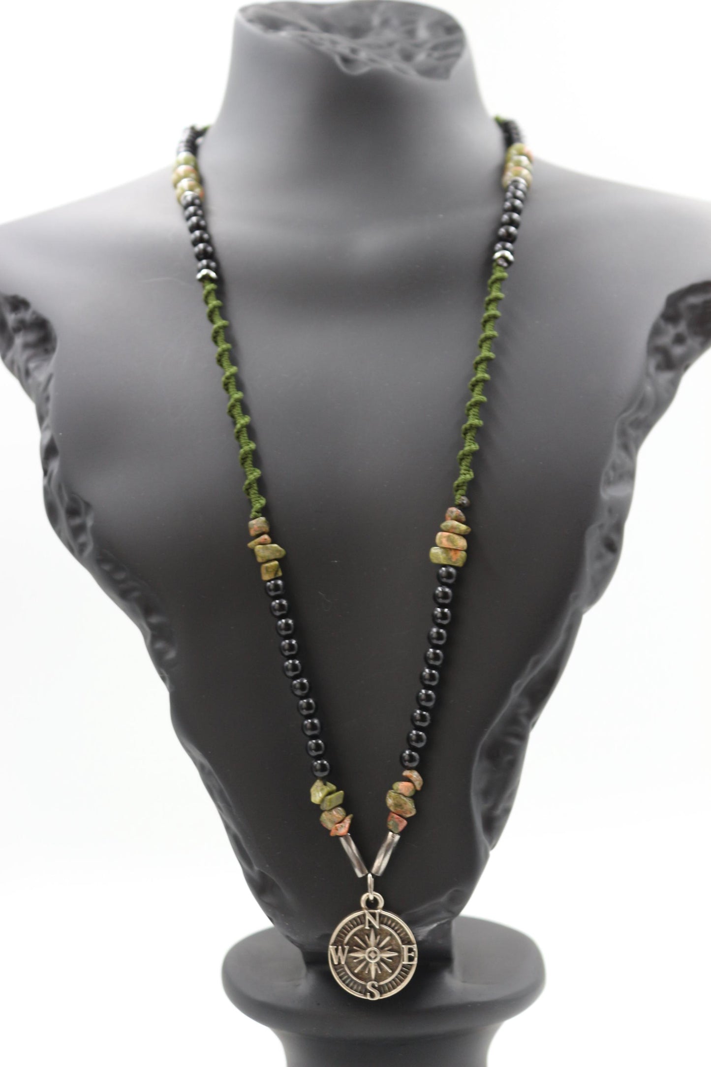 Handmade Unakite Hematite Necklace: Braided Cord Compass Pendant