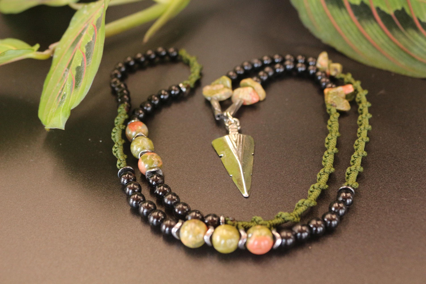 Handmade Necklace - Natural Unakite Stone and Braided Cord