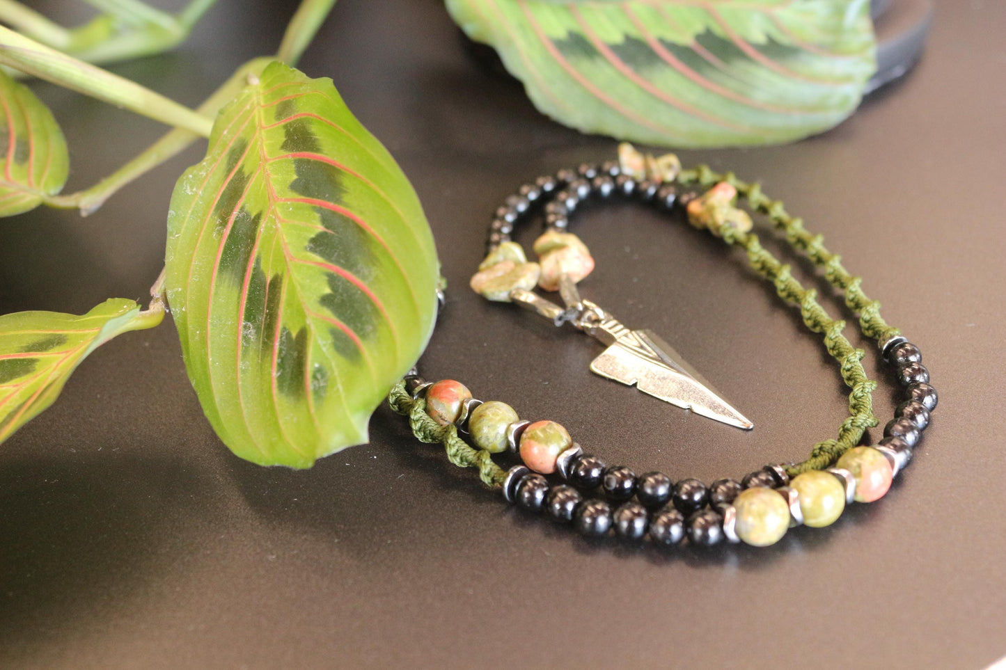 Handmade Necklace - Natural Unakite Stone and Braided Cord