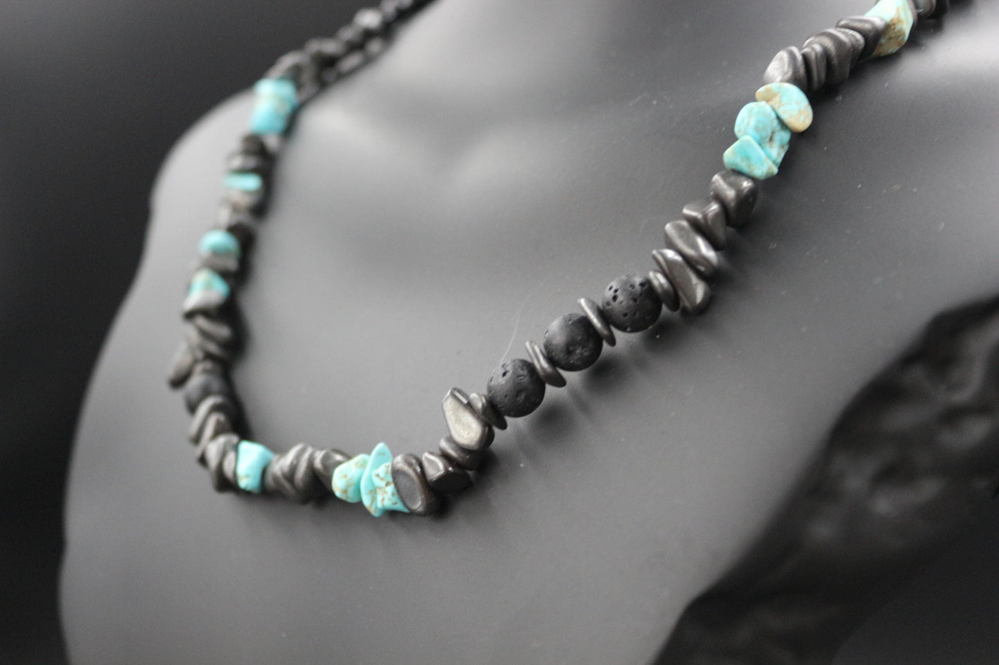 Handmade Lava Stone, Obsidian and Turquoise Necklace