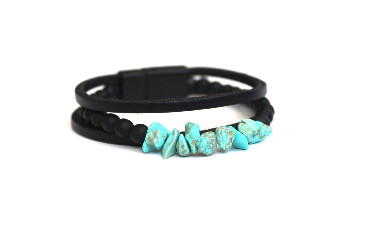 Handmade Turquoise, Onyx, and Genuine Leather Bracelet