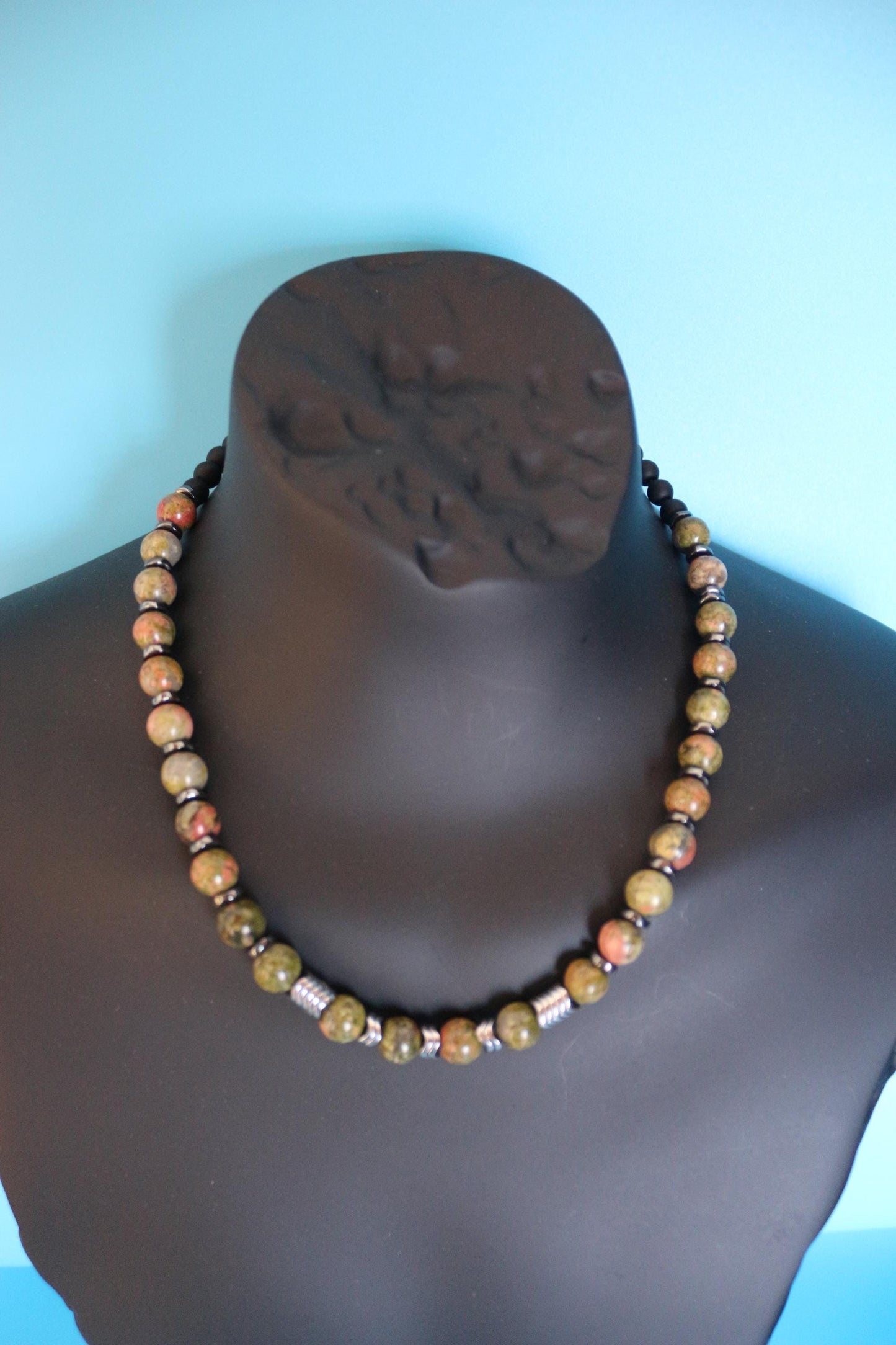 Unakite, Hematite, and Black Onyx Necklace, Unique Handmade Necklace