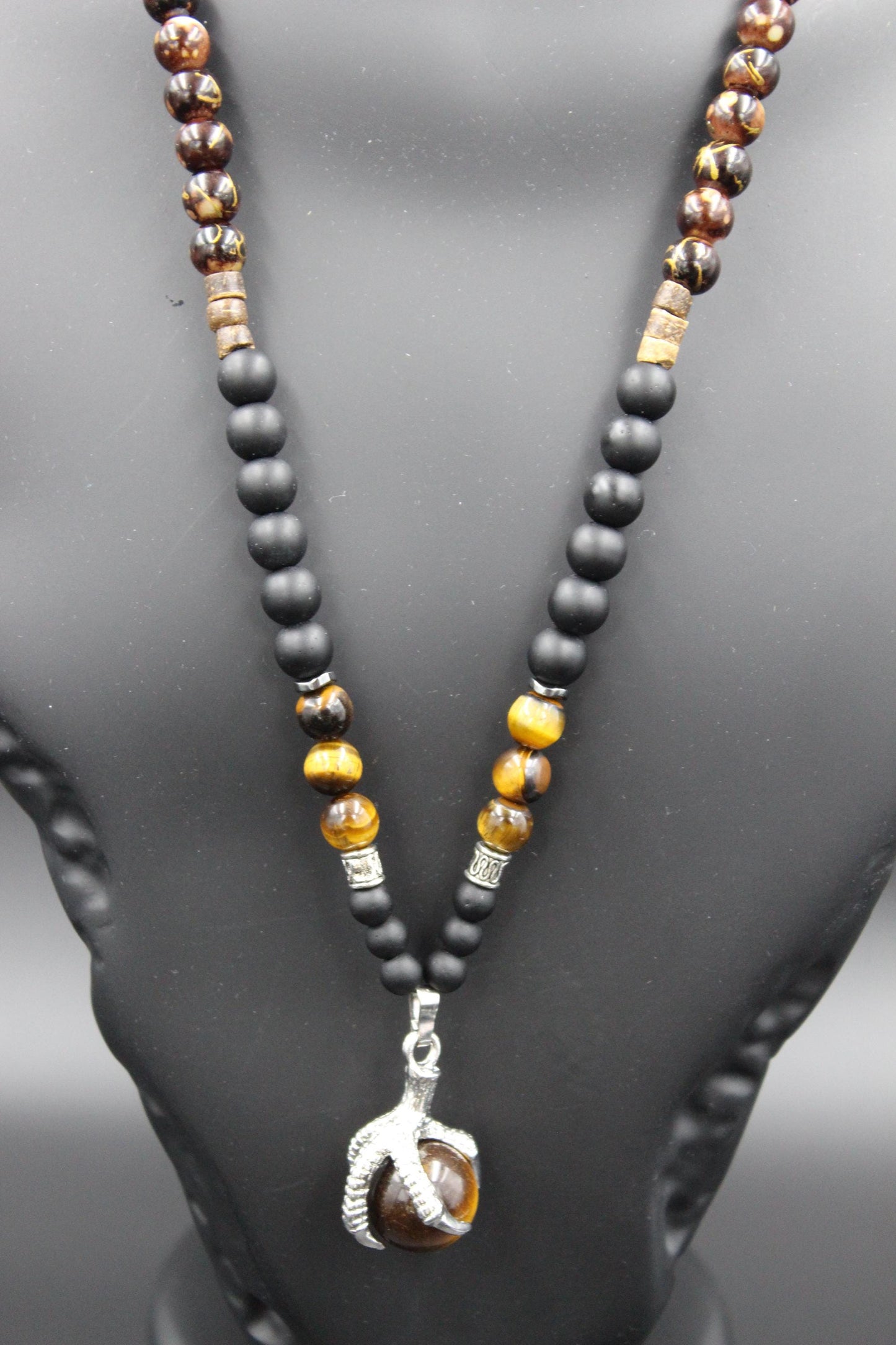 Handmade Necklace with Natural Tiger's Eye, Onyx, and Wooden Beads. Unique Design