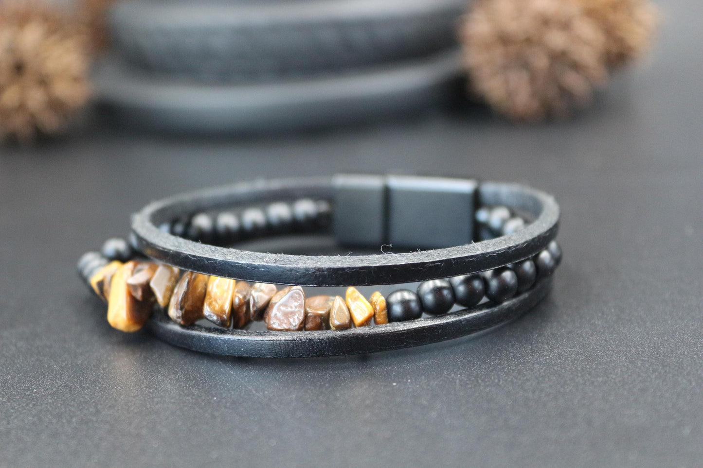 Handmade with Tiger's Eye, Onyx, and Genuine Leather