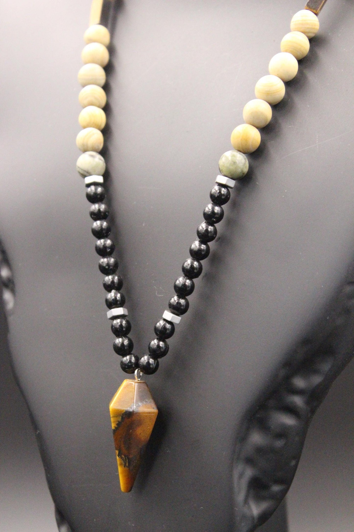 Handmade Tiger's Eye and Petrified Wood Necklace – Natural Stone, Unisex, Modern Design