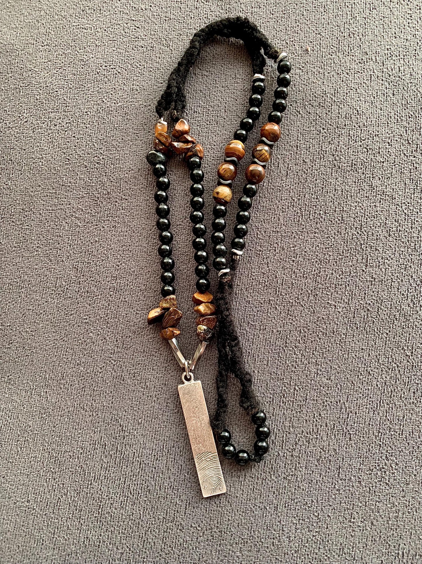 Handmade Tiger Eye Stone Necklace: Steel Fingerprint Pendant