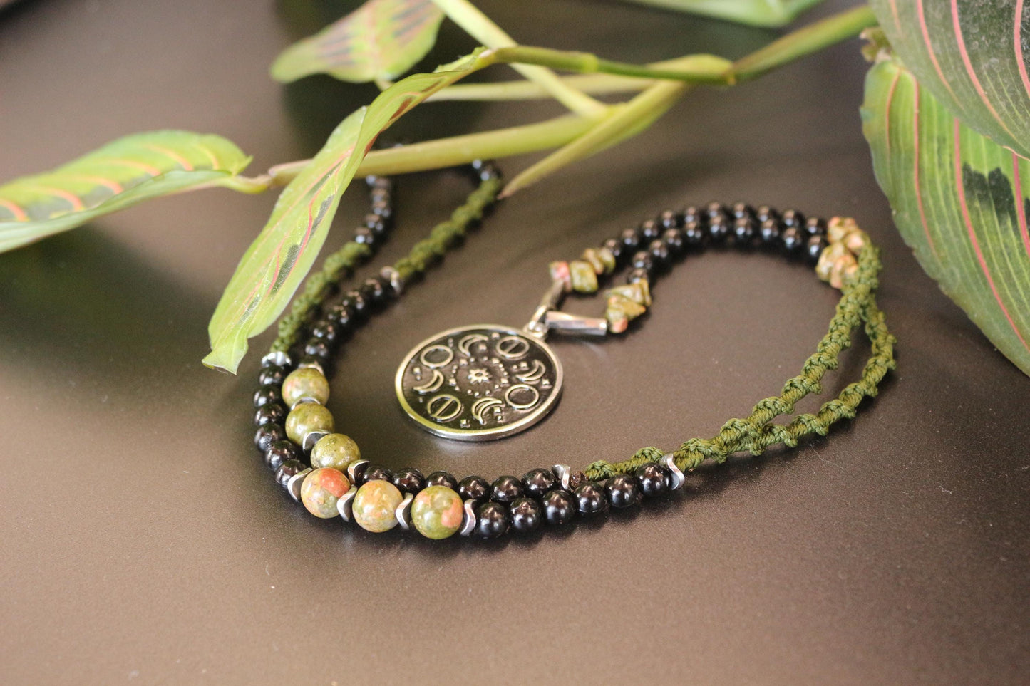 Necklace made of natural stone - unakite - with a moon phases pendant