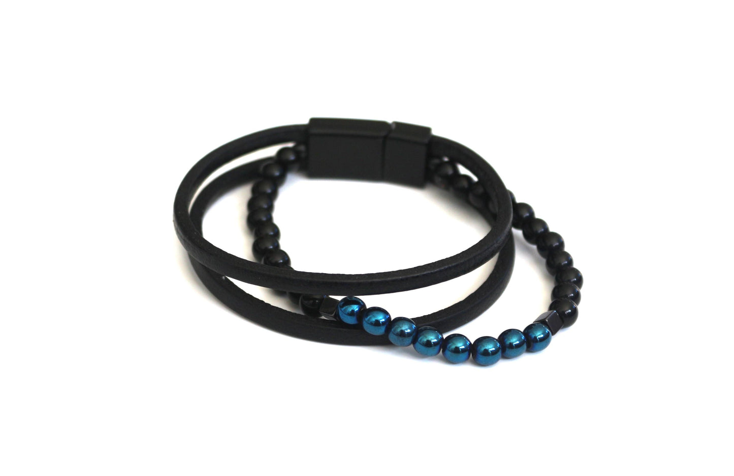Bracelet - Genuine Leather, Blue Hematite, and Natural Stone