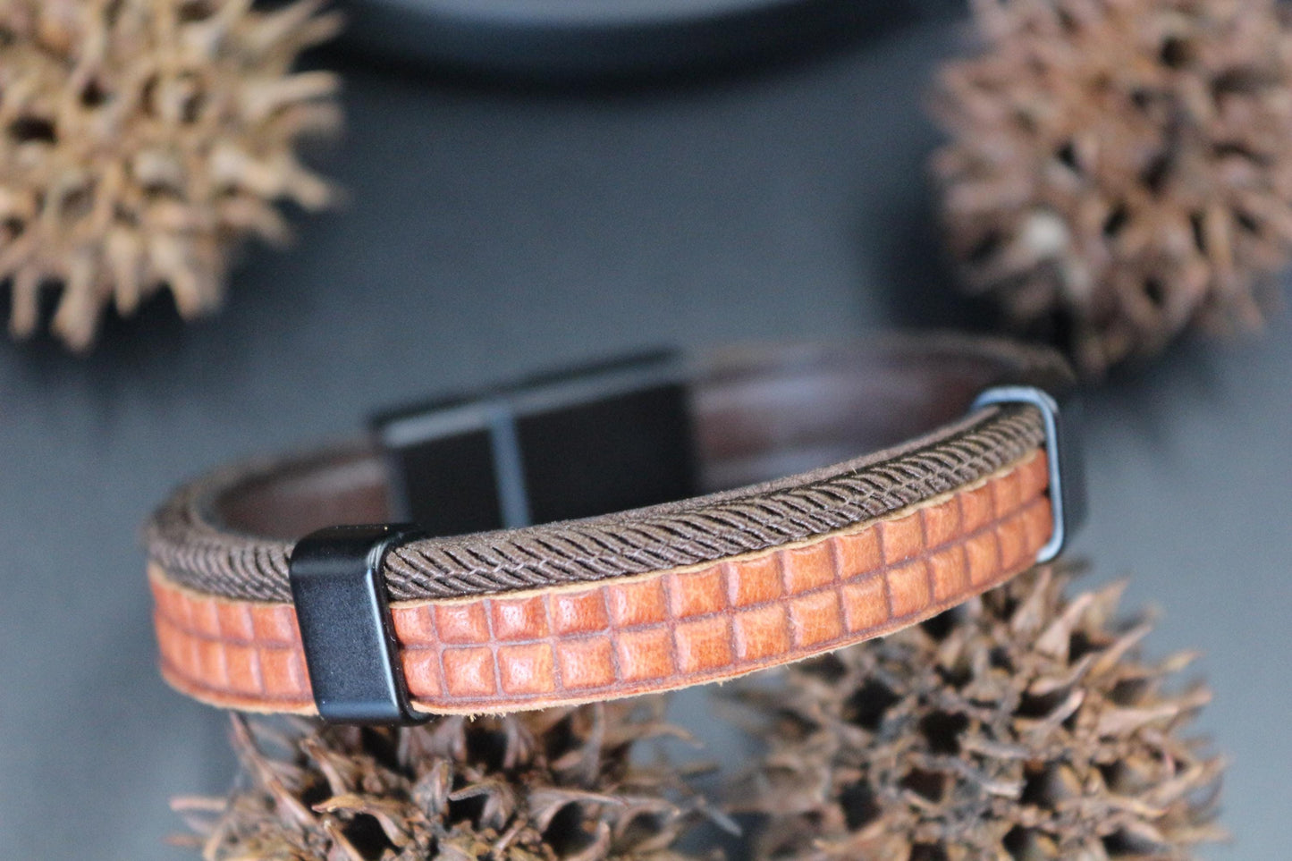 Water Buffalo Genuine Leather Bracelet, Beads, Wood and Coconut Shell