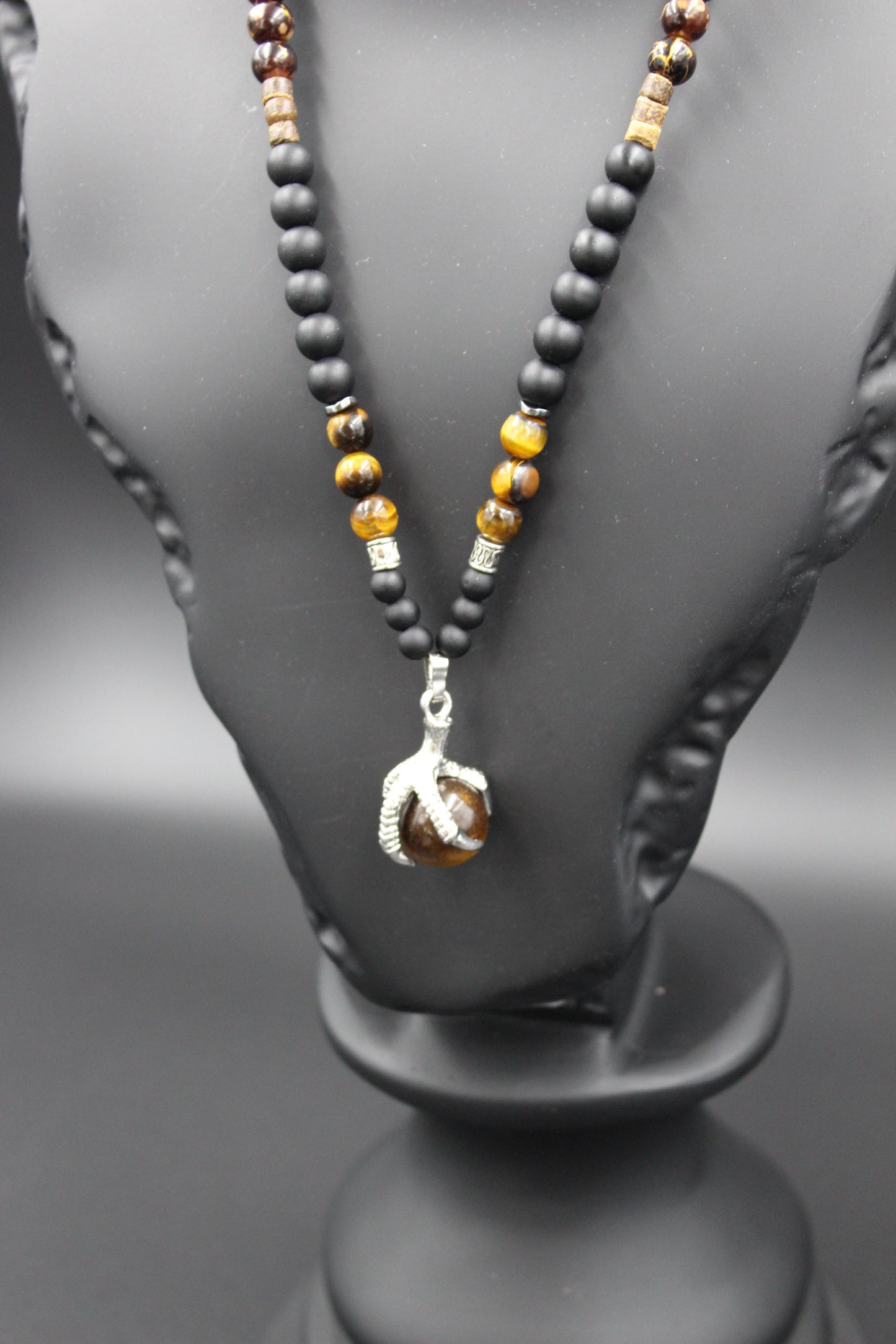Handmade Necklace with Natural Tiger's Eye, Onyx, and Wooden Beads. Unique Design
