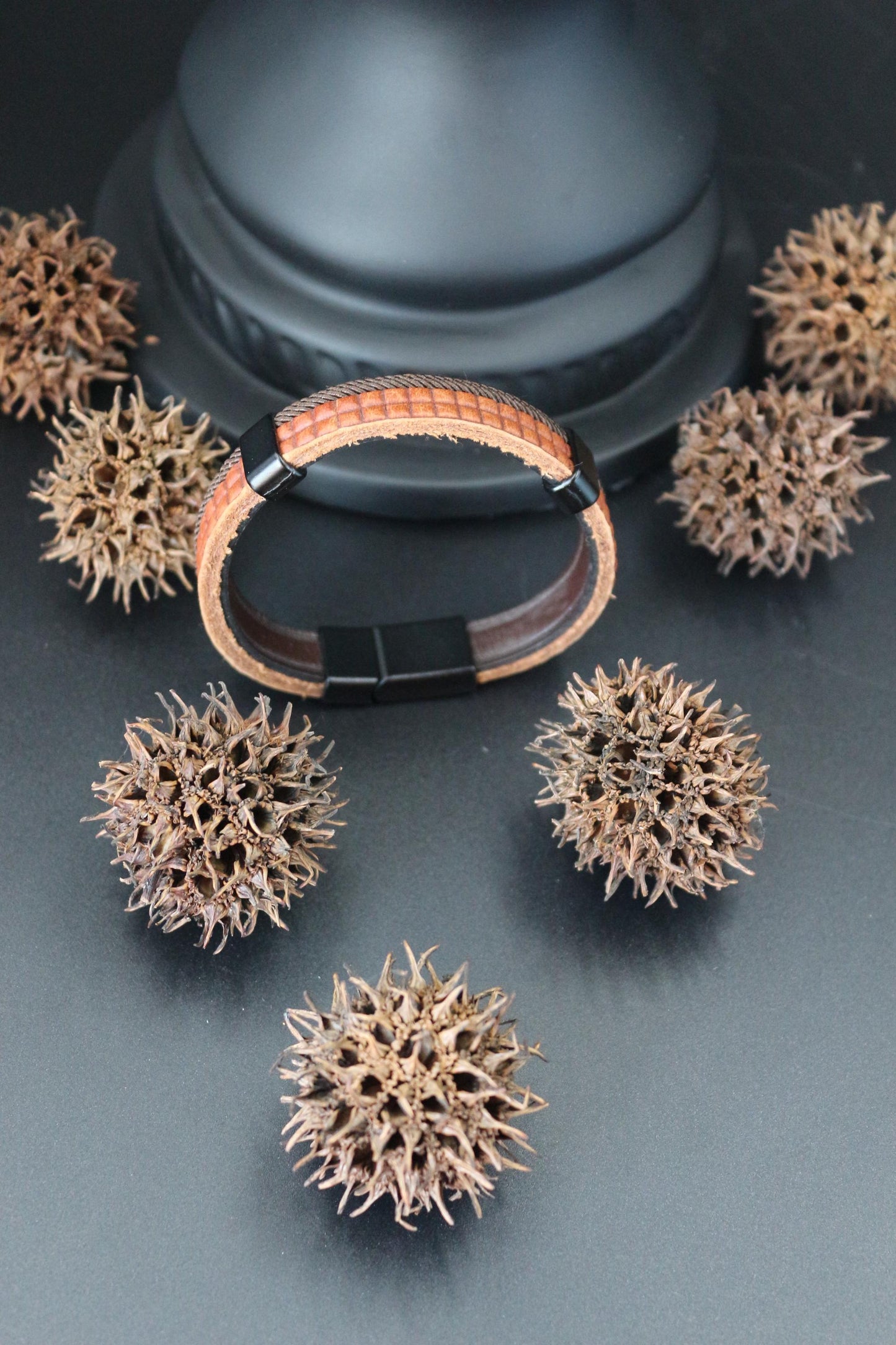 Water Buffalo Genuine Leather Bracelet, Beads, Wood and Coconut Shell