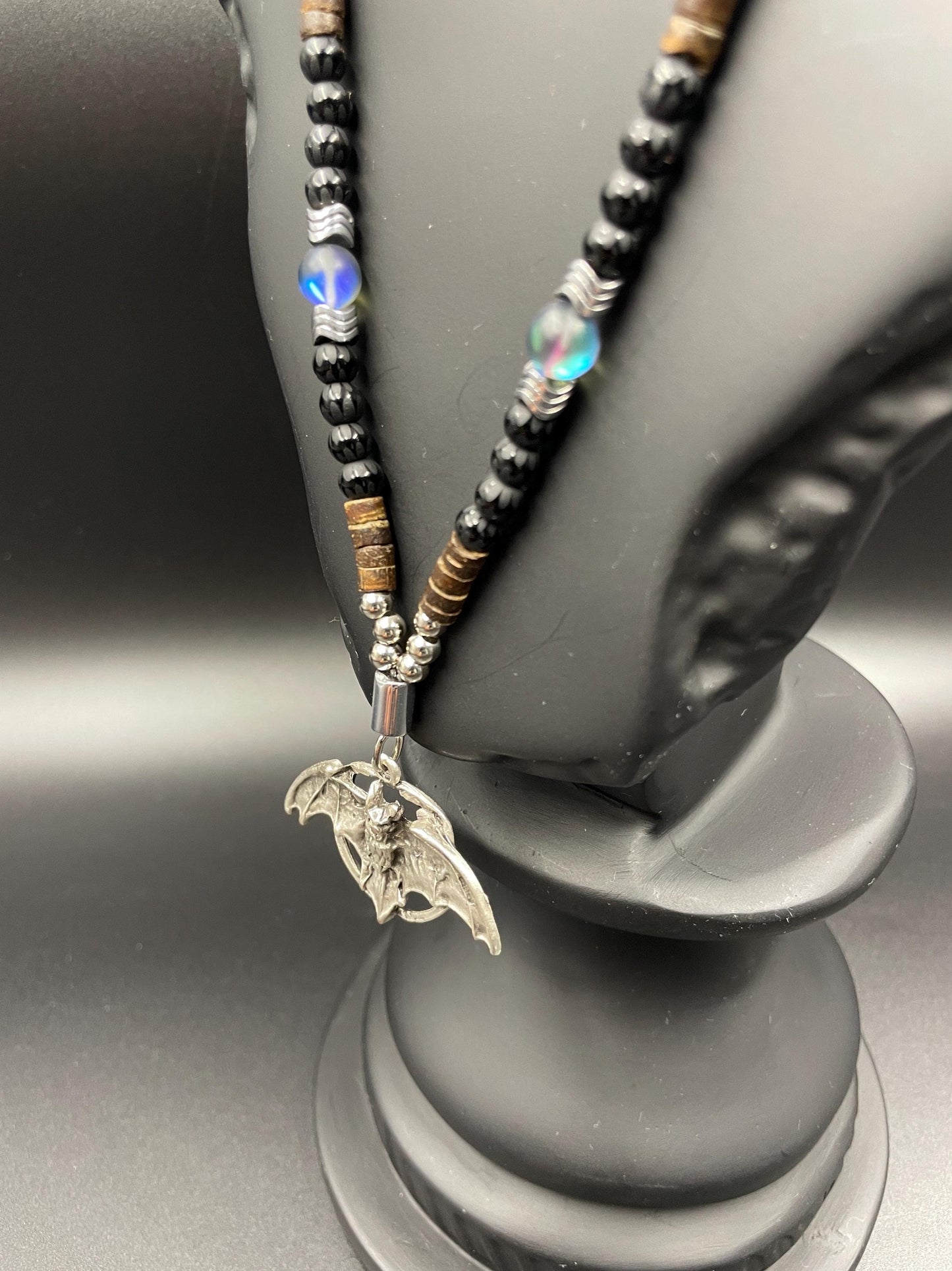 Bat Symbol Necklace & Bracelet Set – Gothic Halloween Jewelry with Lava Rock, Onyx, Coconut Beads, Hematite – Dark Knight Inspired Gift for