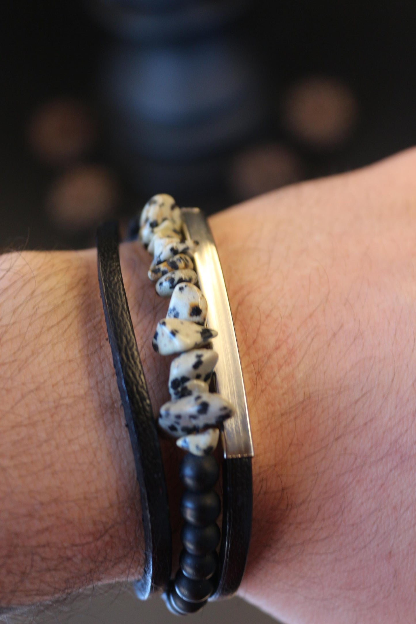 Handmade Bracelet with Dalmatian Jasper, Black Onyx, and Genuine Leather