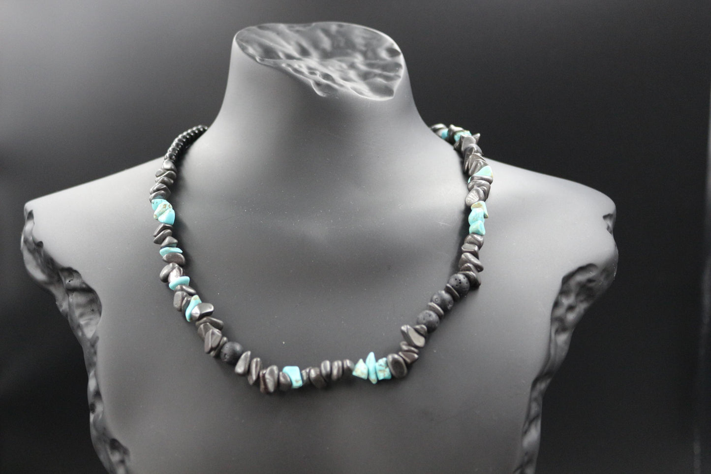 Handmade Lava Stone, Obsidian and Turquoise Necklace