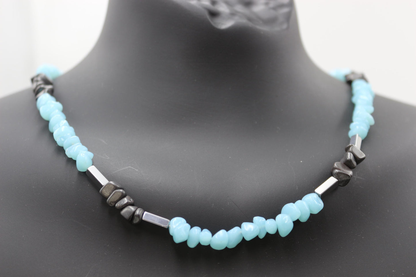 Handmade Aquamarine and Hematite Necklace – Stylish Natural Stone Design, Unisex