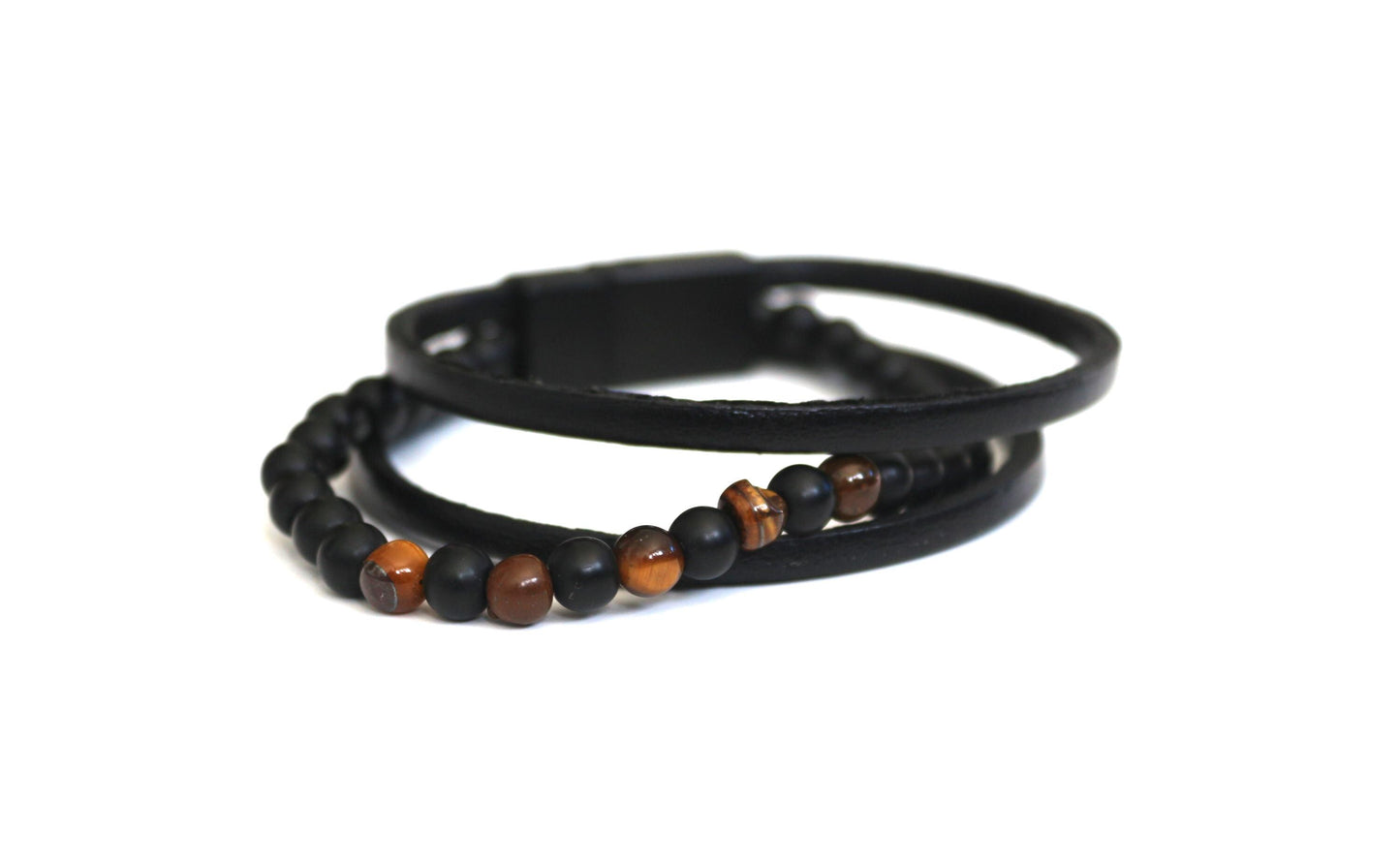 Bracelet - Handmade with Tiger's Eye, Onyx, and Genuine Leather