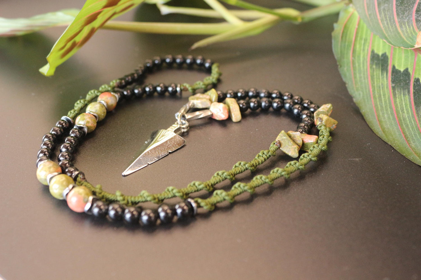 Handmade Necklace - Natural Unakite Stone and Braided Cord