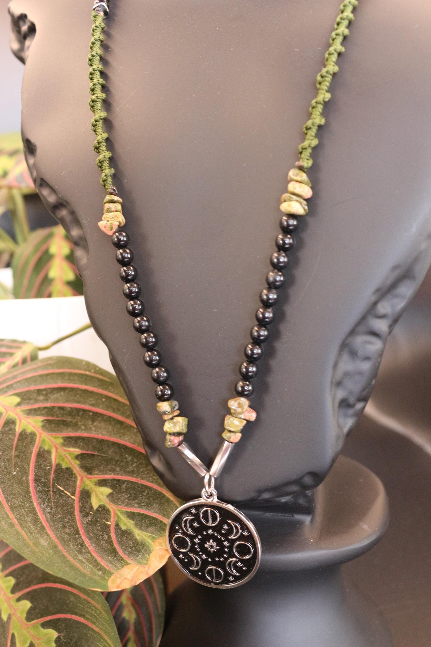 Necklace made of natural stone - unakite - with a moon phases pendant