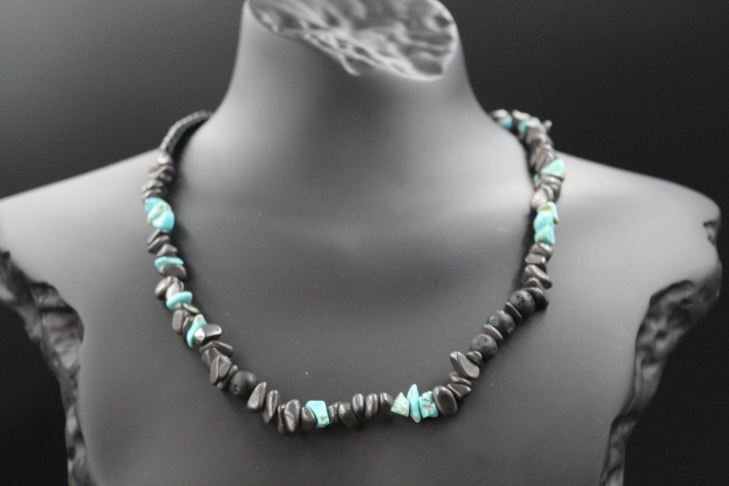 Handmade Lava Stone, Obsidian and Turquoise Necklace
