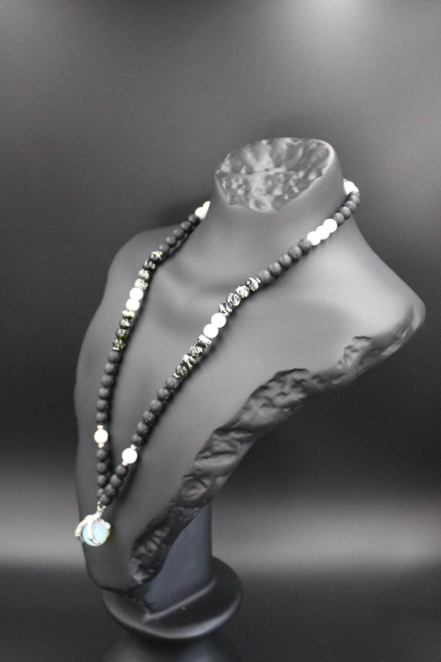 Handmade Volcanic Stone Necklace with 'Bird Claw' Pendant & Opalite – Ethnic Amulet