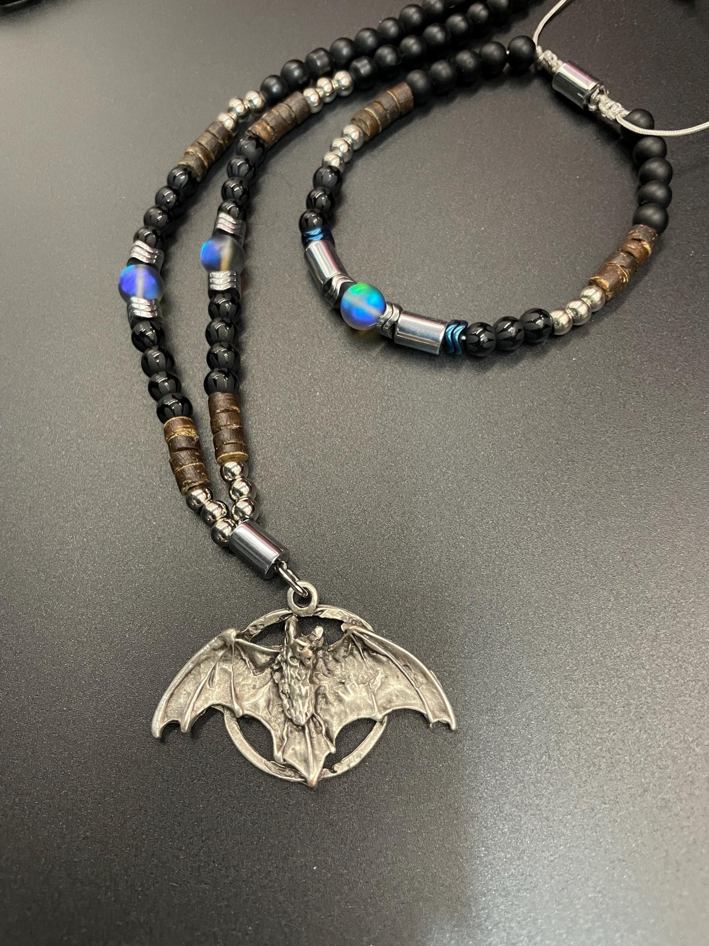 Bat Symbol Necklace & Bracelet Set – Gothic Halloween Jewelry with Lava Rock, Onyx, Coconut Beads, Hematite – Dark Knight Inspired Gift for