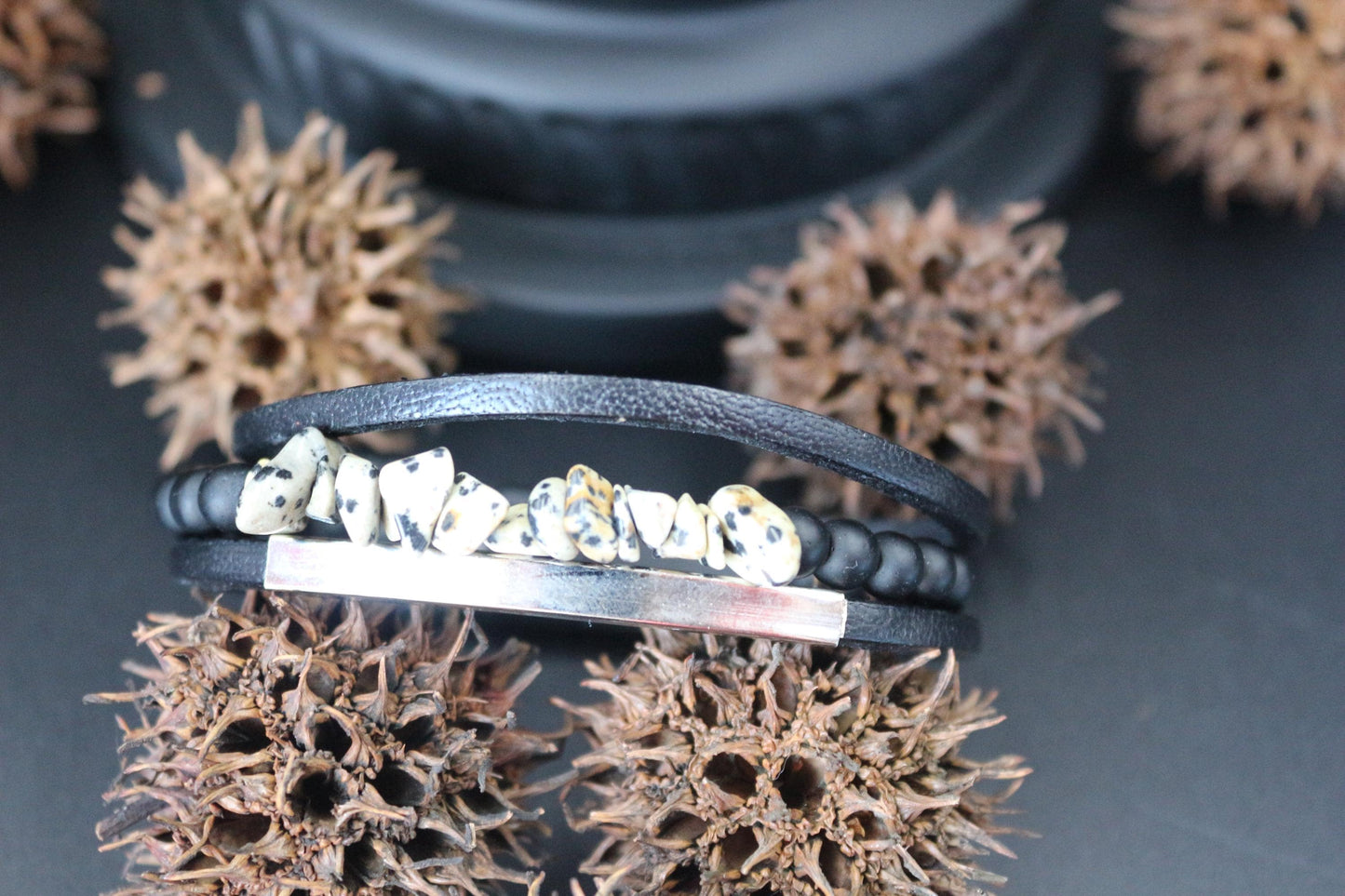 Handmade Bracelet with Dalmatian Jasper, Black Onyx, and Genuine Leather