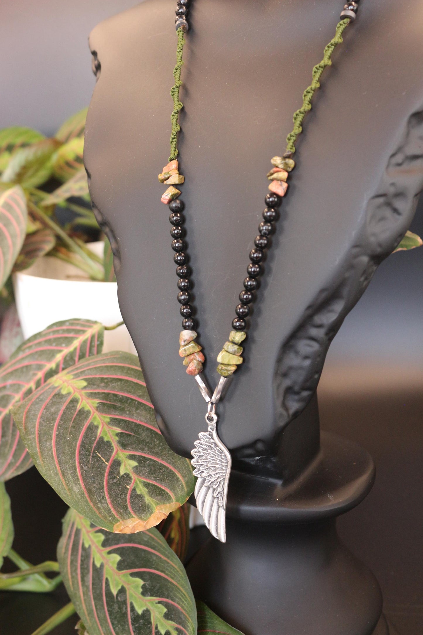 Unakite and Braided Cord Necklace - Handmade, Unique Design