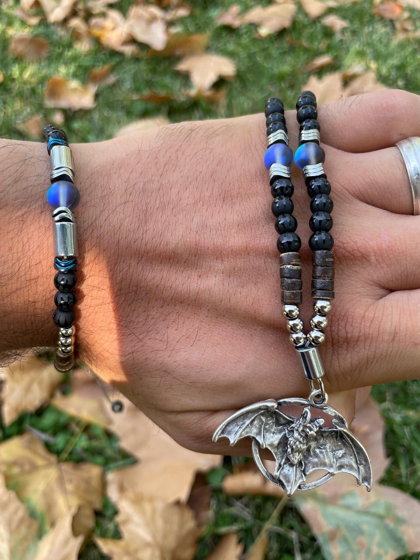 Bat Symbol Necklace & Bracelet Set – Gothic Halloween Jewelry with Lava Rock, Onyx, Coconut Beads, Hematite – Dark Knight Inspired Gift for