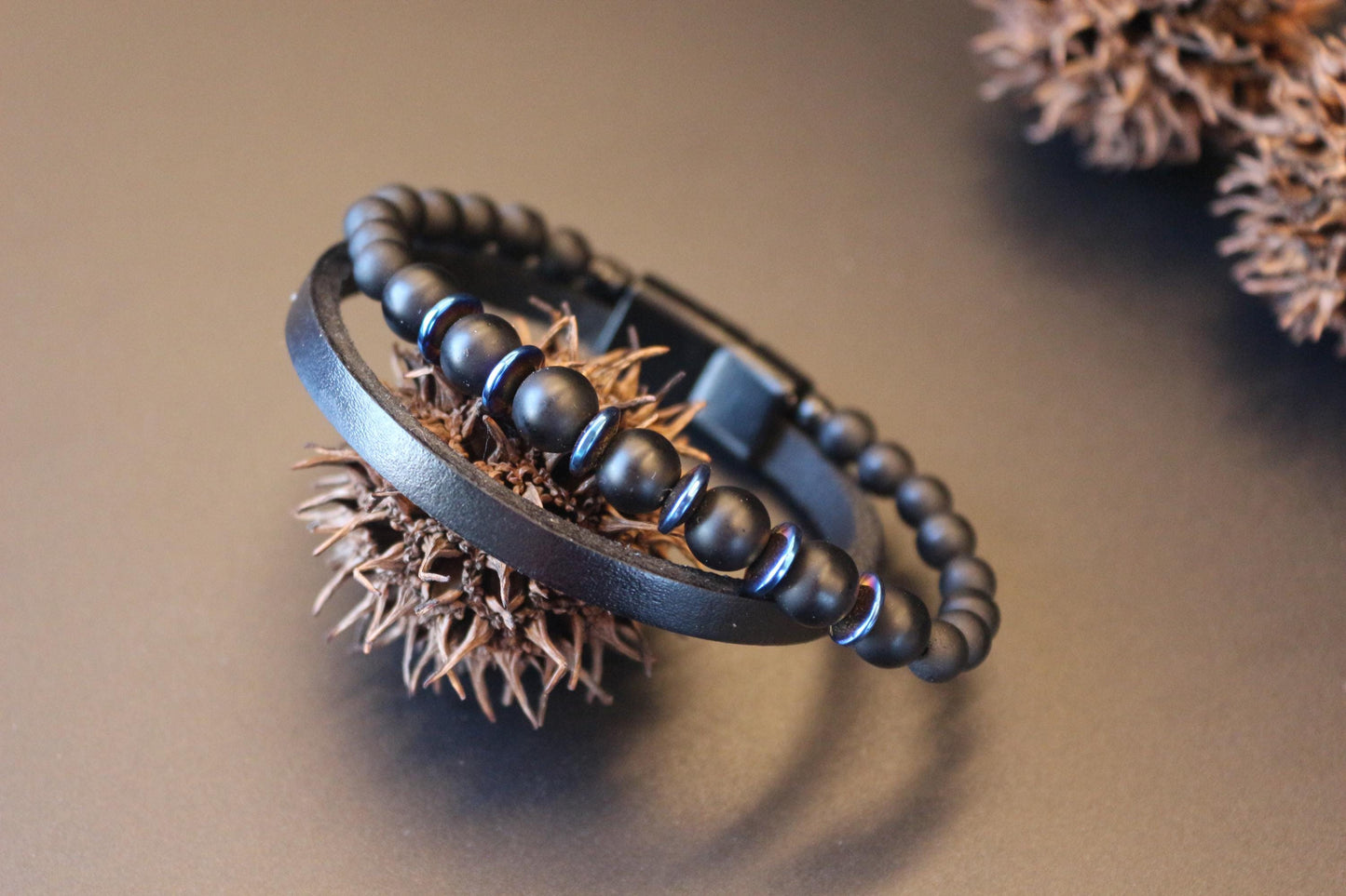 Bracelet - Handmade with Black Onyx, Blue Hematite, and Genuine Leather