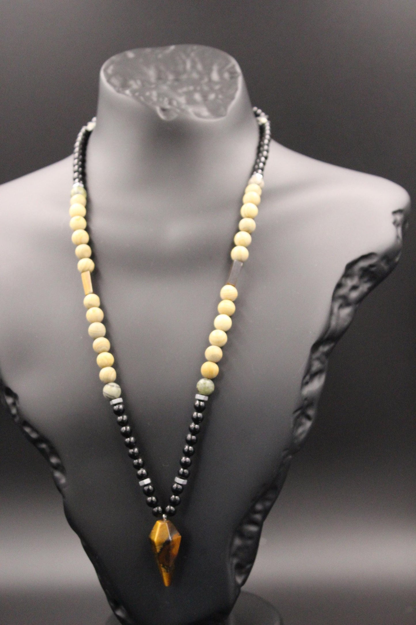 Handmade Tiger's Eye and Petrified Wood Necklace – Natural Stone, Unisex, Modern Design