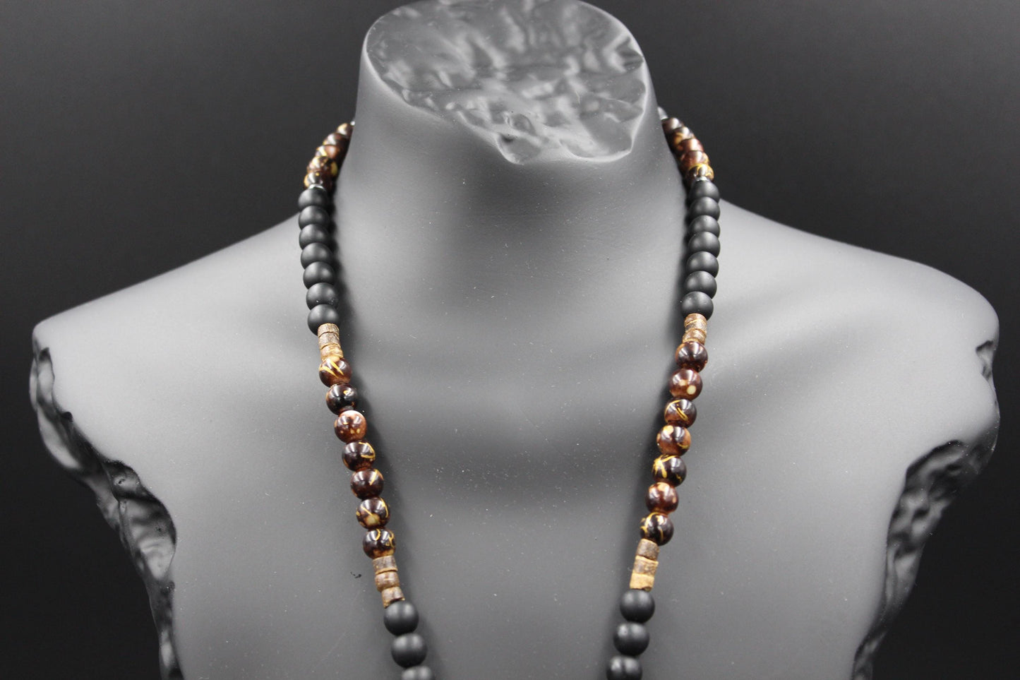 Handmade Necklace with Natural Tiger's Eye, Onyx, and Wooden Beads. Unique Design