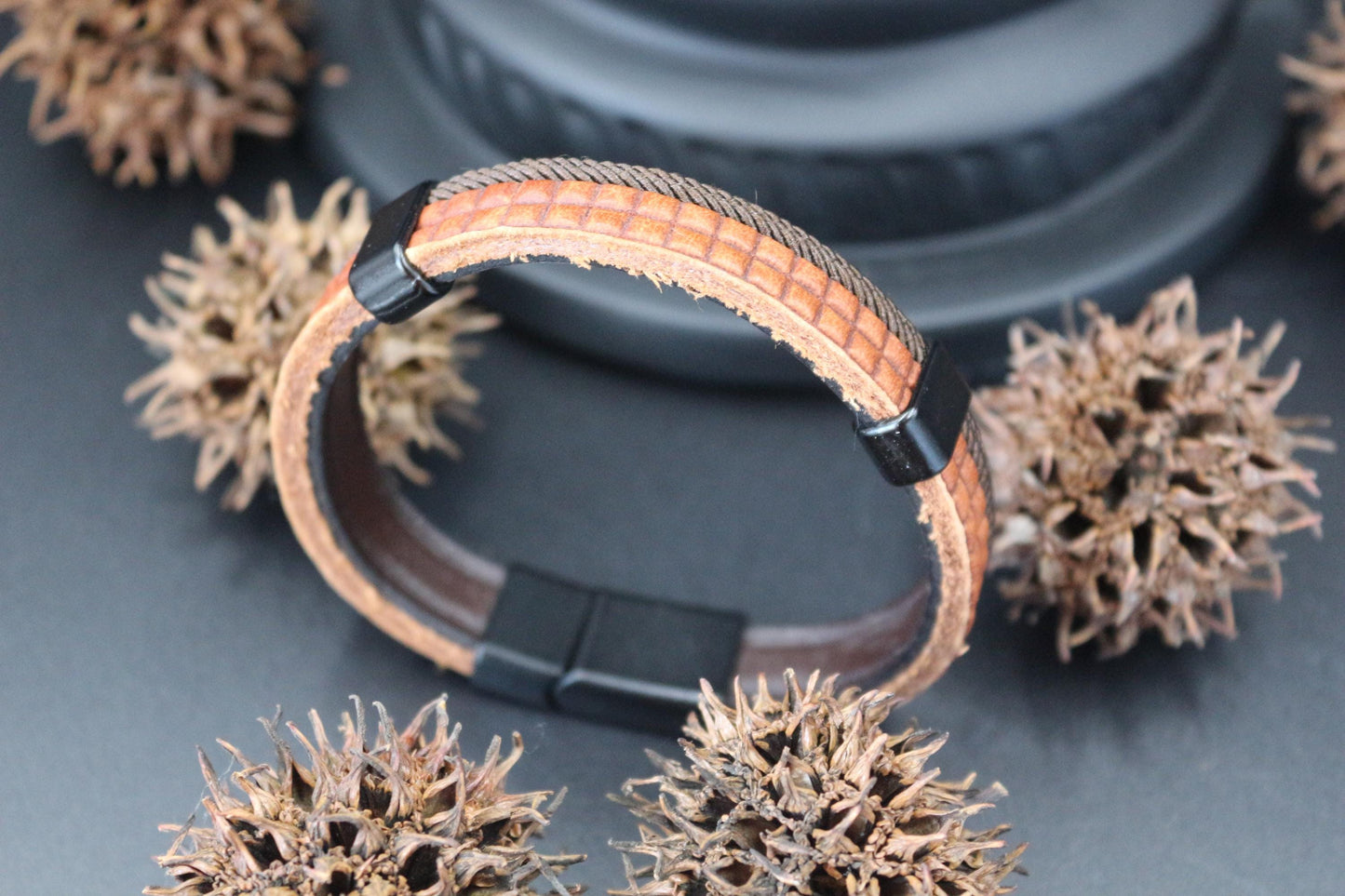 Water Buffalo Genuine Leather Bracelet, Beads, Wood and Coconut Shell