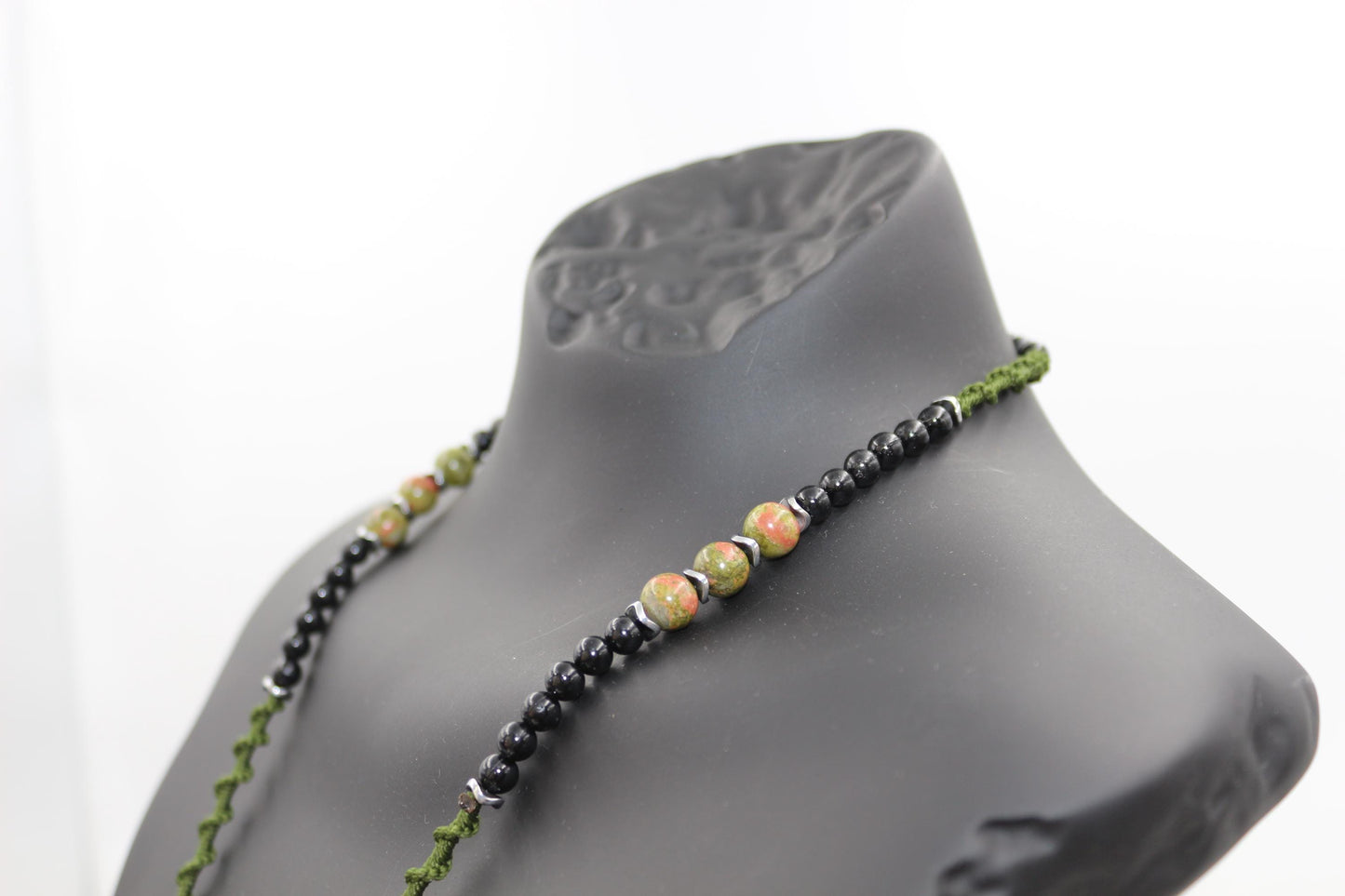 Handmade Unakite Hematite Necklace: Braided Cord Compass Pendant