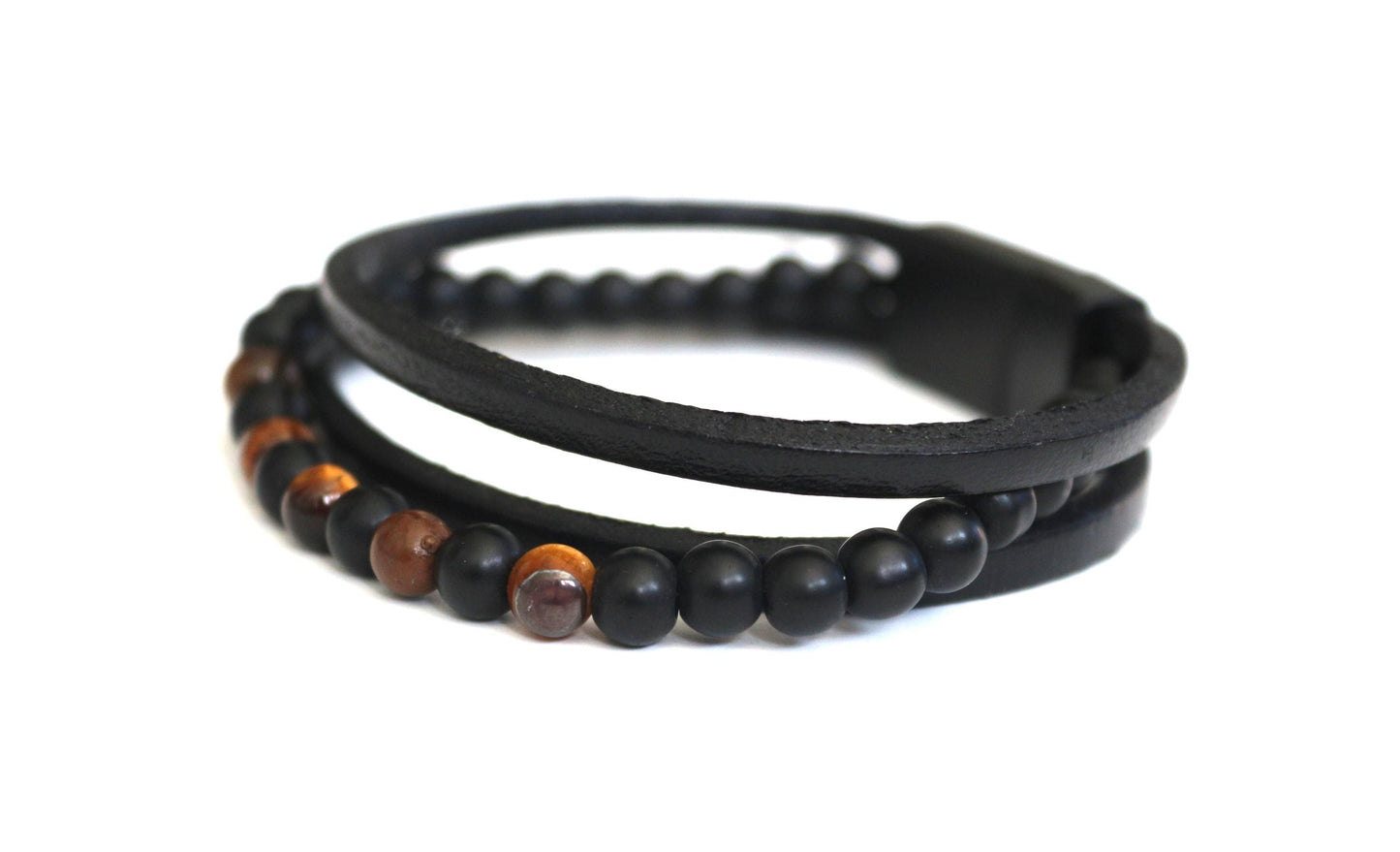 Bracelet - Handmade with Tiger's Eye, Onyx, and Genuine Leather