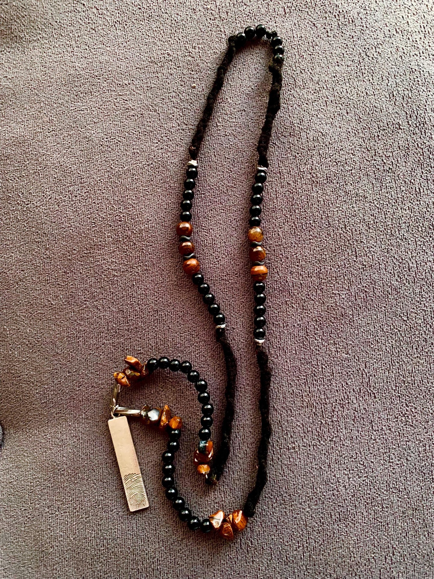 Handmade Tiger Eye Stone Necklace: Steel Fingerprint Pendant