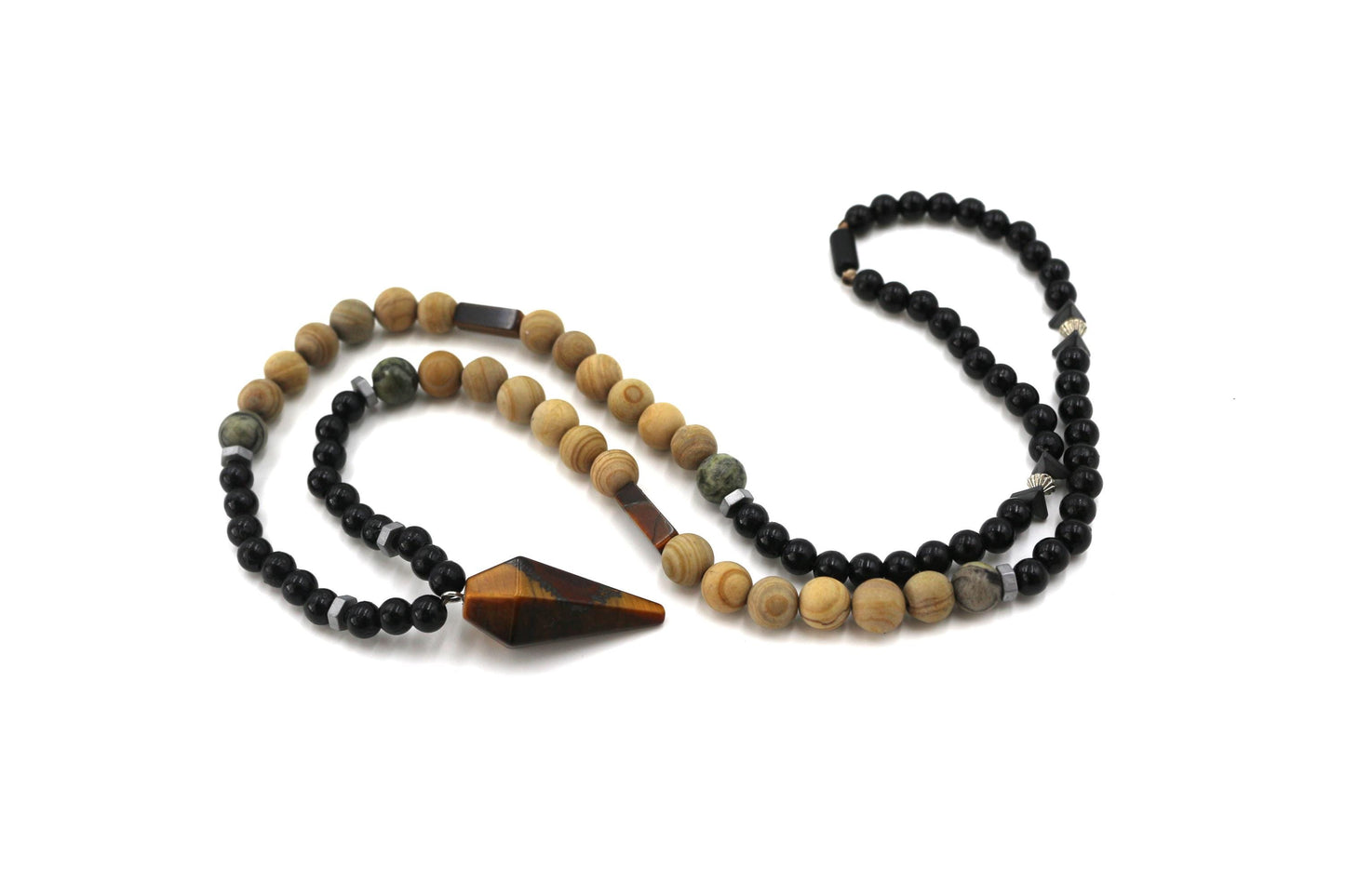 Handmade Tiger's Eye and Petrified Wood Necklace – Natural Stone, Unisex, Modern Design